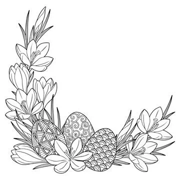 Happy Easter. Frame with black and white doodle easter eggs and spring crocus Stock Illustration