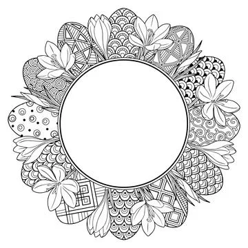 Happy Easter. Frame with black and white doodles easter eggs and flowers. Col Stock Illustration