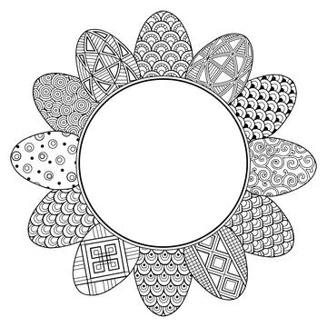 Happy Easter. Frame with black and white doodle easter eggs. Coloring book fo Stock Illustration
