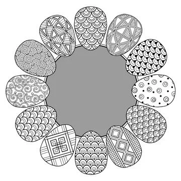 Happy Easter. Frame with black and white doodle easter eggs. Coloring book fo Stock Illustration