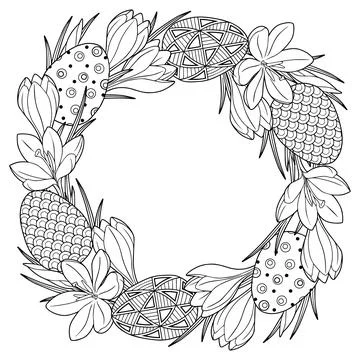 Happy Easter. Frame with black and white doodle easter eggs and spring crocus Stock Illustration