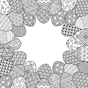 Happy Easter. Frame with black and white doodle easter eggs. Coloring book fo Stock Illustration