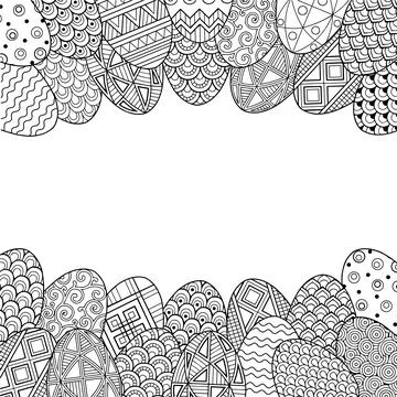 Happy Easter. Frame with black and white doodle easter eggs. Coloring book fo Stock Illustration