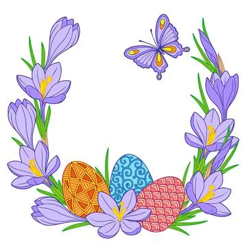 Happy Easter. Frame of Bright Easter eggs and crocus flowers Stock Illustration