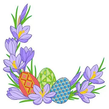 Happy Easter. Frame of Bright Easter eggs and crocus flowers Stock Illustration
