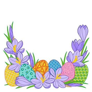 Happy Easter. Frame of Bright Easter eggs and crocus flowers Stock Illustration