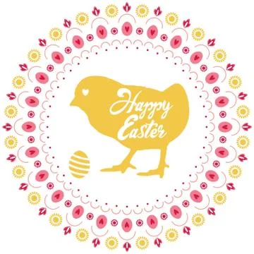 Happy easter frame with chick silhouette. Wreath with eggs, flowers Stock Illustration