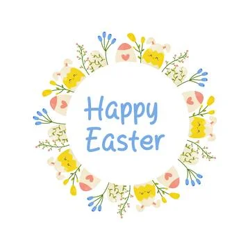 Happy easter, frame with flowers and eggs on white background, copy space. .. Stock Illustration