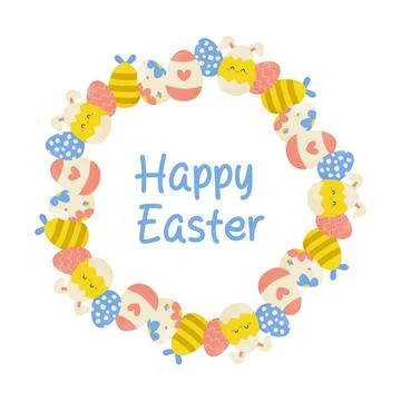 Happy easter, frame with flowers and eggs on white background, copy space. .. Stock Illustration