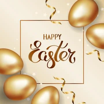 Happy Easter in frame. Gold easter eggs on light background with golden confetti Stock Illustration