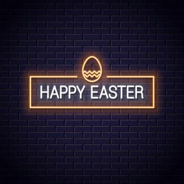 Happy easter frame neon on black background Stock Illustration