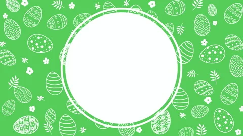 Happy Easter frame, white round border with outline ornamental eggs on green Stock Footage 303437444