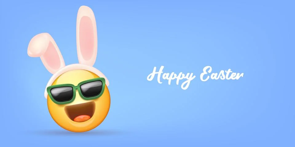 Happy easter funny horizontal banner with cartoon 3d smile face with rabbit ears 库存插图