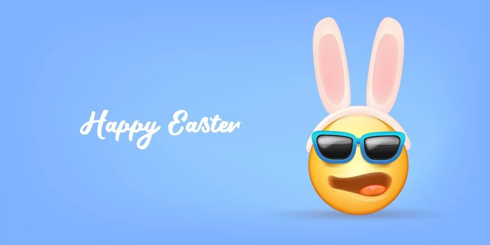 Happy easter funny horizontal banner with cartoon 3d smile face with rabbit ears イラスト素材