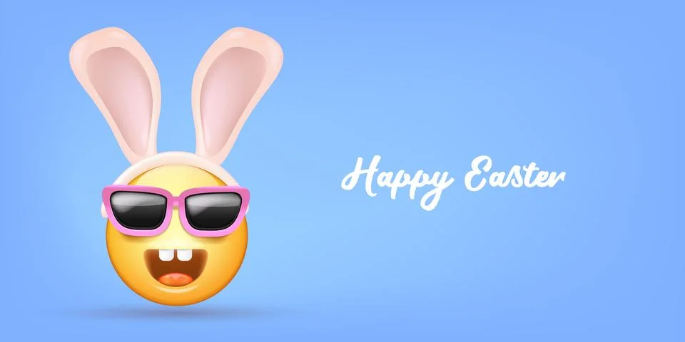 Happy easter funny horizontal banner with cartoon 3d smile face with rabbit ears 库存插图