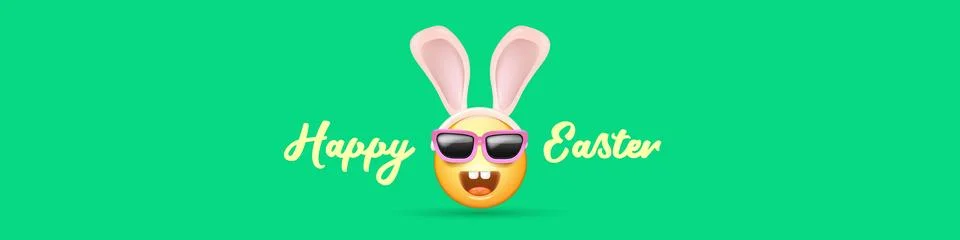 Happy Easter funny horizontal banner with cartoon 3d smile face with rabbit ears イラスト素材