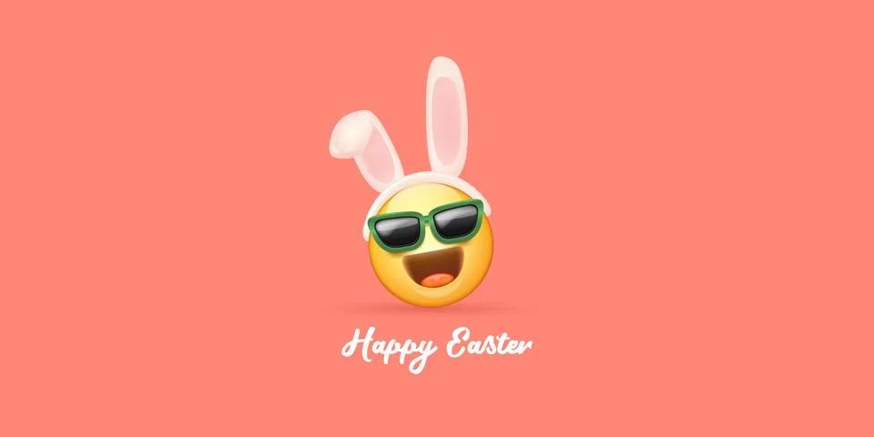Happy easter funny horizontal banner with cartoon 3d smile face with rabbit ears Stock Illustration