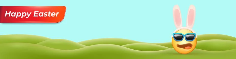 Happy easter funny horizontal banner with cartoon 3d smile face with rabbit ears Stock Illustration