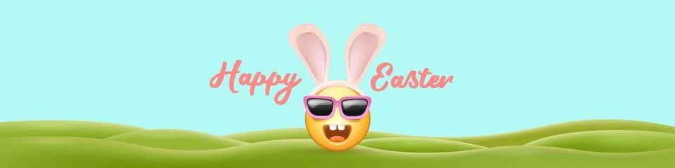 Happy easter funny horizontal banner with cartoon 3d smile face with rabbit ears イラスト素材