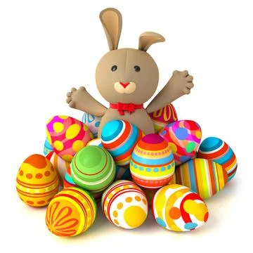 Happy Easter. Funny rabbit jumps out from a pile of Easter eggs. Conceptual i 스톡 일러스트