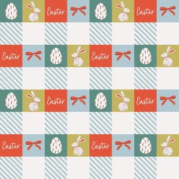 Happy Easter geometric background. Gingham seamless patterns. Stock Illustration