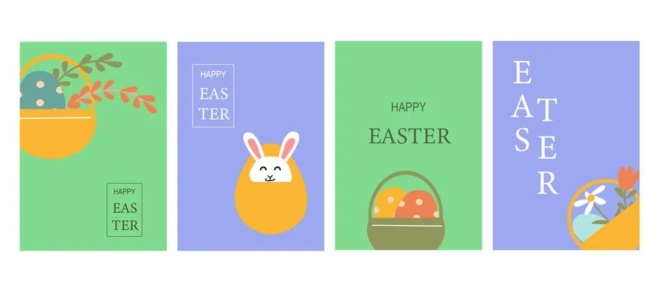 Happy easter geometric design set with baskets, eggs, and bunny for spring 스톡 일러스트