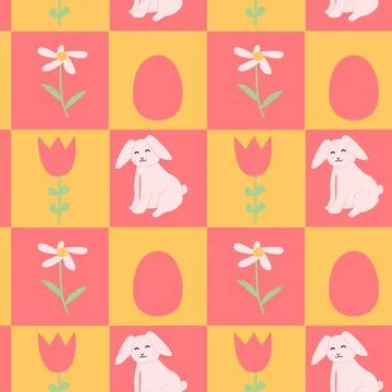 Happy easter geometric pattern with bunnies and flowers for spring designs Stock Illustration