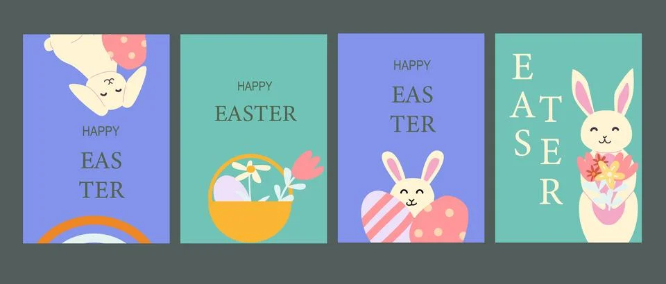 Happy easter geometry design set featuring bunnies and floral elements for 스톡 일러스트