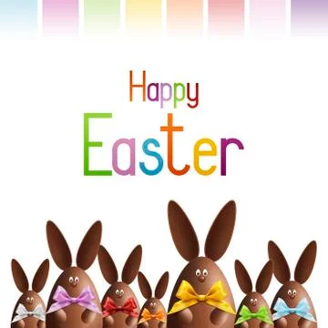 Happy easter gift card, chocolate bunnies with ribbons bows in various colors Stock Illustration
