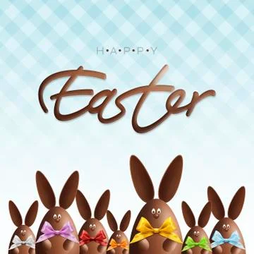 Happy easter gift card, chocolate bunnies with ribbons bows in various colors Stock Illustration
