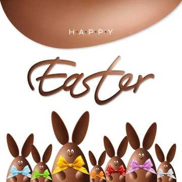 Happy easter gift card, chocolate bunnies with ribbons bows in various colors Stock Illustration