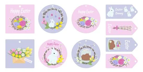 Happy Easter gift tags with bunny, cake, eggs, willow wreath and flowers Stock Illustration