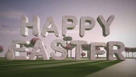 Happy Easter Glazed Porcelain Letters in a Blossom Orchard at Dawn with Hopping Stock Footage 342401899