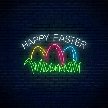 Happy easter glowing signboard with colored eggs on grass in neon style. East Stock Illustration