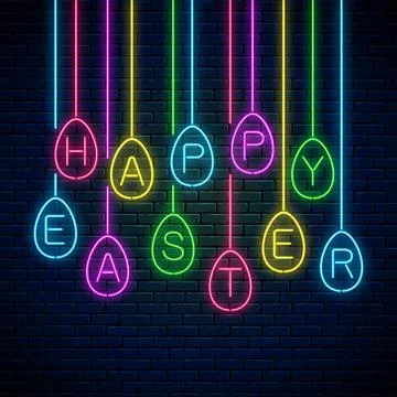 Happy easter glowing signboard with eggs and letters in neon style. Easter fu Stock Illustration