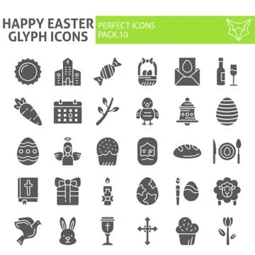 Happy easter glyph icon set, holiday symbols collection, vector sketches, logo Stock Illustration