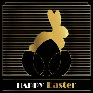 Happy Easter gold art deco card of bunny and eggs Illustrazione stock