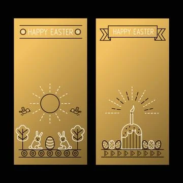 Happy Easter golden banners with a linear drawing Stock Illustration