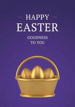 Happy Easter golden basket painted chicken eggs 3d greeting card design templ Stock Illustration