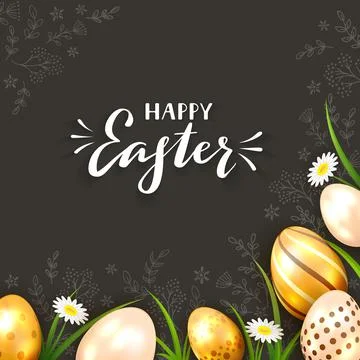 Happy Easter with Golden Eggs and Flowers on Black Background Stock Illustration