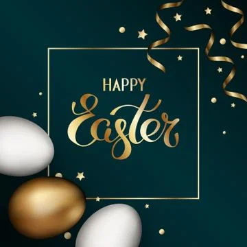 Happy easter in golden frame. Gold white easter eggs confetti on dark background 스톡 일러스트