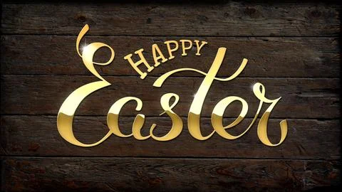Happy easter golden lettering on dark painted wooden wall. Handwritten greeting Illustrazione stock