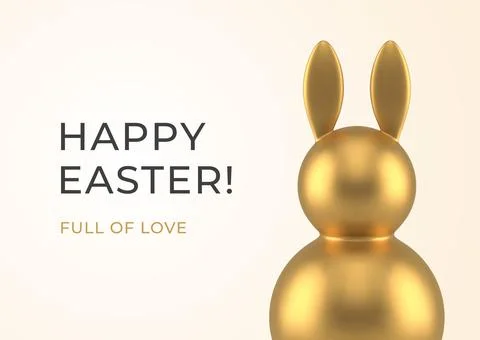 Happy Easter golden metallic rabbit toy 3d greeting card design template real Stock Illustration