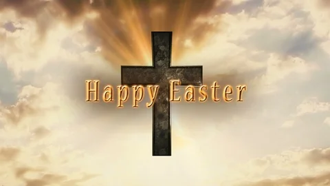 Happy Easter Golden Text and Cross in the Sky with Sun Light and Moving Clouds Video stock 125980206