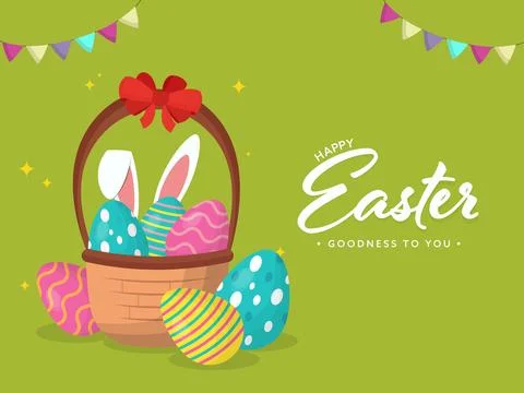 Happy Easter, Goodness To You Greeting Card Design with Colorful Eggs and B.. Stock Illustration