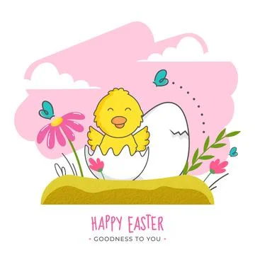 Happy Easter, Goodness To You Greeting Card with Cartoon Cute Little Chick .. Stock Illustration
