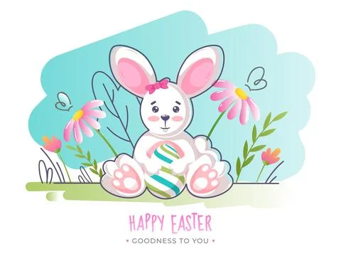Happy Easter, Goodness To You Greeting Card with Cartoon Bunny Holding Prin.. Stock Illustration