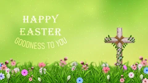 Happy Easter Goodness to You Message with Cross and Meadow Stock Illustration