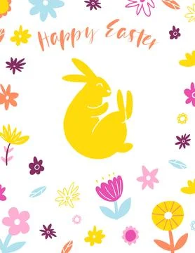 Happy Easter graphic greeting card. Hand drawn colorful plants and bunny in.. Stock Illustration