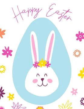 Happy Easter graphic greeting card. Hand drawn colorful plants and bunny in Stock Illustration